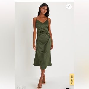 Lulu’s Simplicity of Love Olive Green Satin A-Line Midi Dress